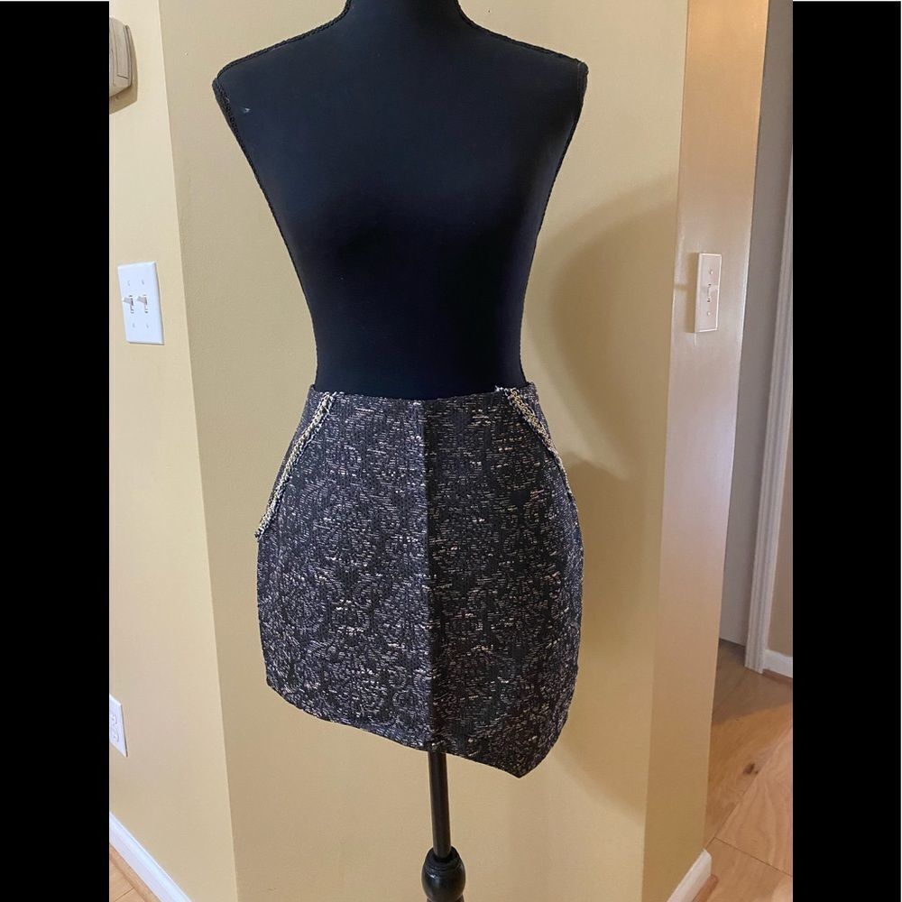 Anthropologie English Rose Black and gold tweed looking asymmetrical mini skirt